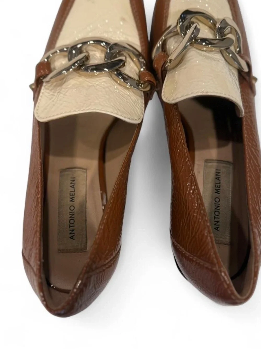ANTONIO MELANI Brown and Cream Patent Loafers with Chain Detail